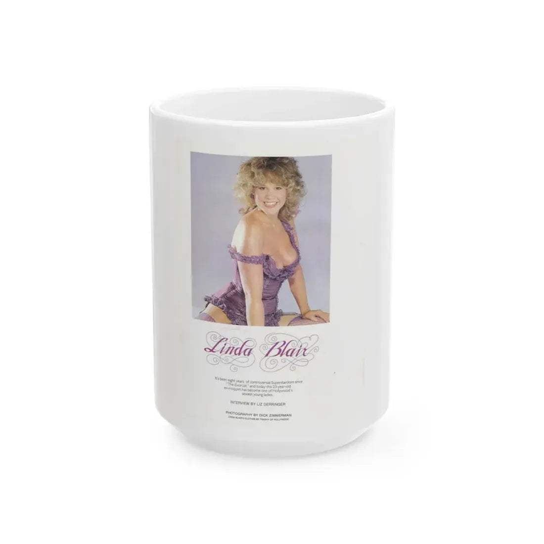 Linda Blair #314 - 1 Page, 1 Photo with lingerie & nipples exposed from OUI Mag. October '82 3 (Vintage Female Icon) White Coffee Mug 15oz - Go Mug Yourself