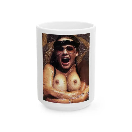 Linda Blair #319 - 1 Page, 1 Photo topless with squirting water from OUI Mag. October '82 (Vintage Female Icon) White Coffee Mug 15oz - Go Mug Yourself
