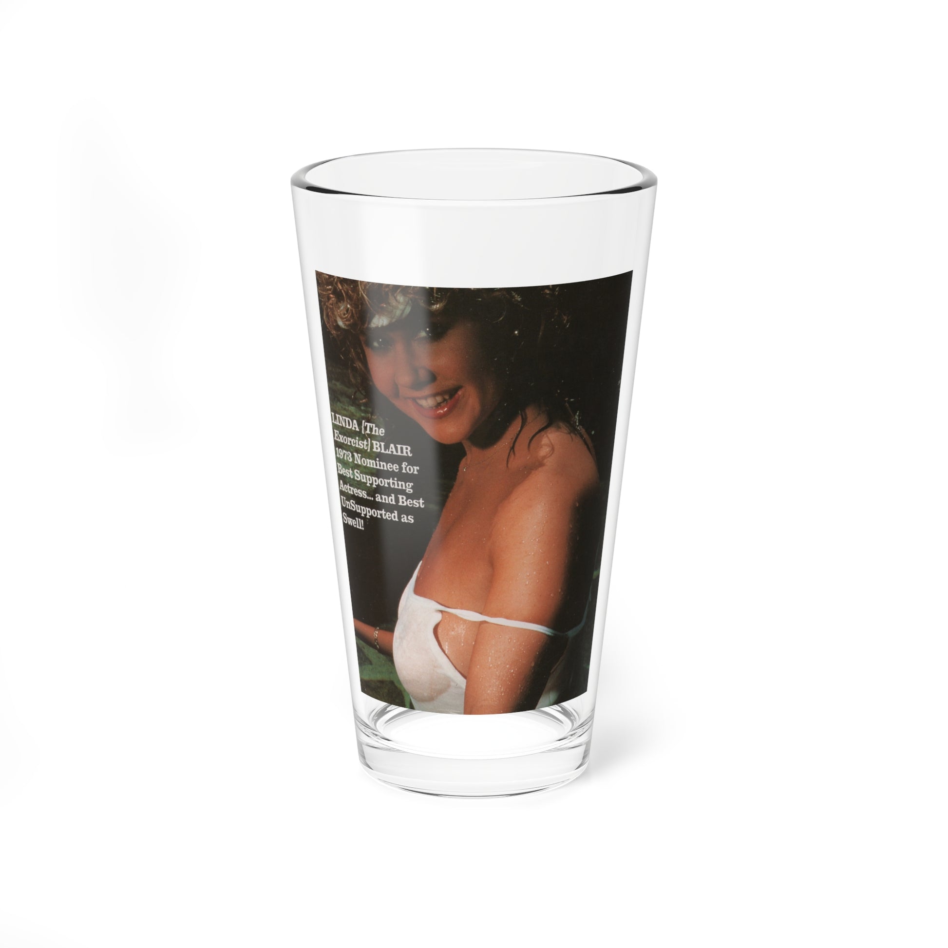 Linda Blair #340 - Circa 80's Magazine Clipping See through white wet top & one shoulder strap off (Vintage Female Icon) Pint Glass 16oz-16oz-Go Mug Yourself