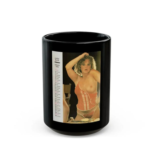 Linda Blair #341 - 6.5x9.25 Color Partially Topless Rare Erkekce Turkish Calender from 1984 (Vintage Female Icon) Black Coffee Mug 15oz - Go Mug Yourself