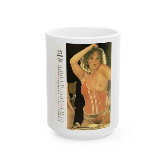 Linda Blair #341 - 6.5x9.25 Color Partially Topless Rare Erkekce Turkish Calender from 1984 (Vintage Female Icon) White Coffee Mug 15oz - Go Mug Yourself
