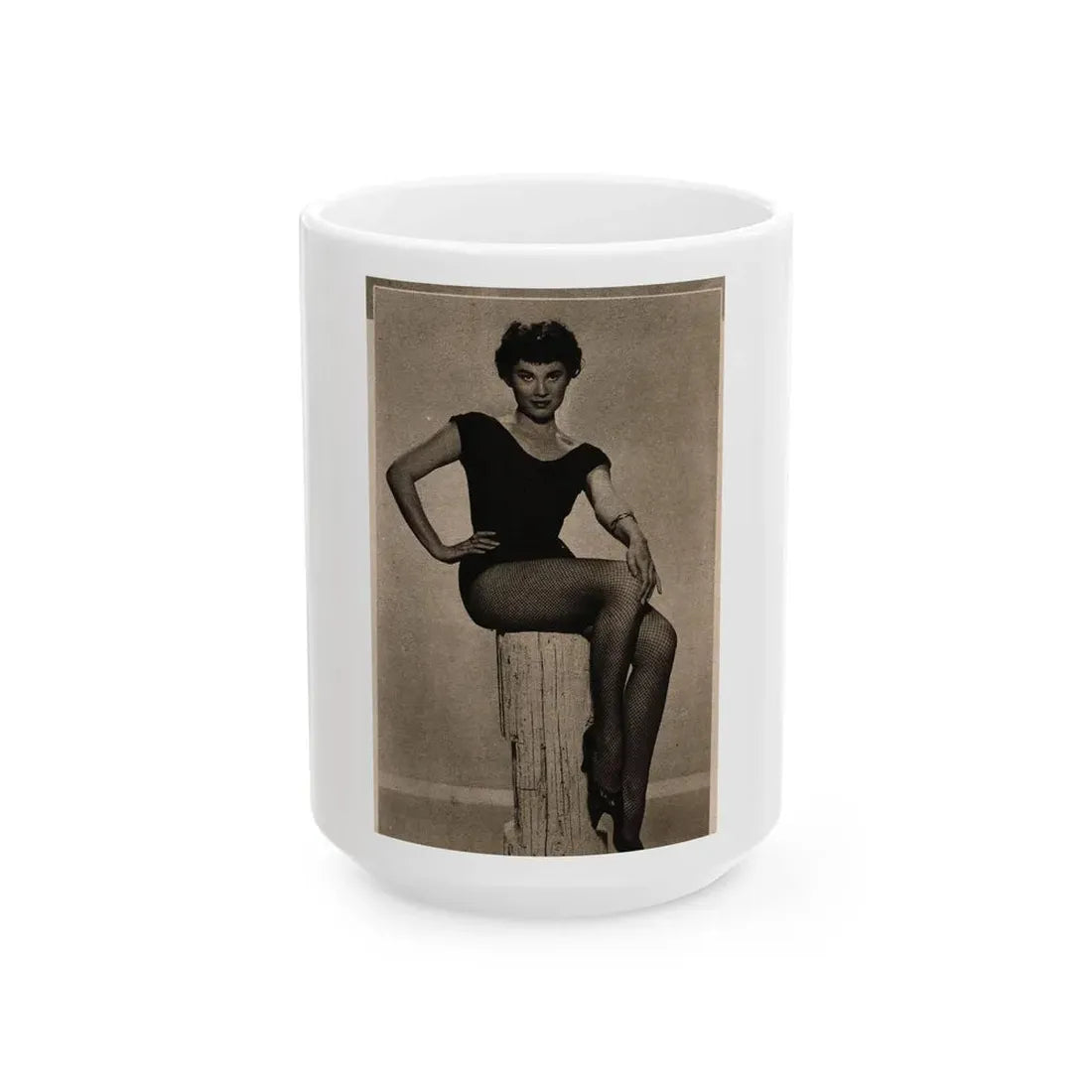 Lisa Montell #03 - 1 Cropped B&W Photo & Caption Earl Wilson's Showgirls Mag. '56 (Vintage Female Icon) White Coffee Mug 15oz - Go Mug Yourself