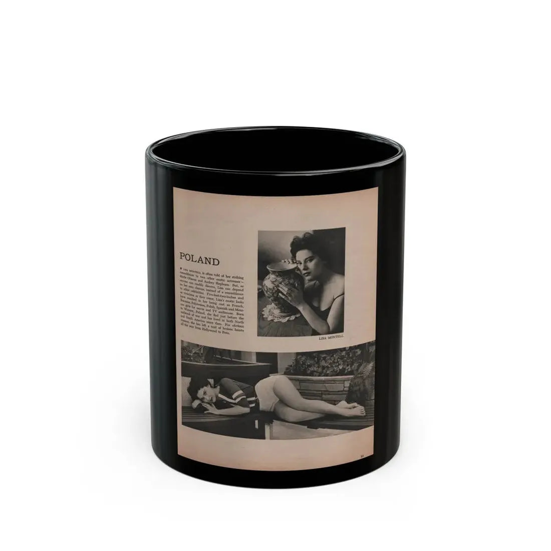 Lisa Montell #20 - International Pin-Ups Mag. '57 - 2 B&W Photos & Small Article (Vintage Female Icon) Black Coffee Mug 11oz - Go Mug Yourself
