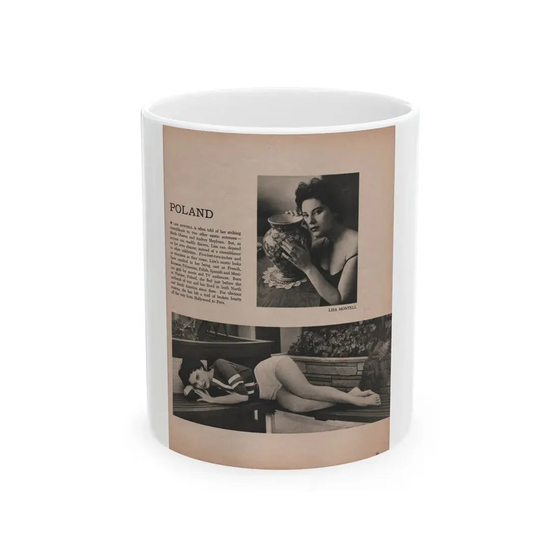 Lisa Montell #20 - International Pin-Ups Mag. '57 - 2 B&W Photos & Small Article (Vintage Female Icon) White Coffee Mug 11oz - Go Mug Yourself