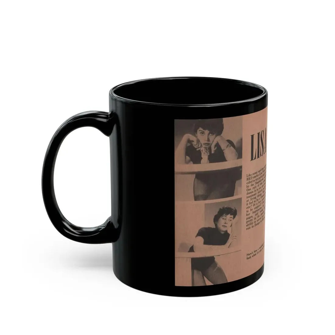 Lisa Montell #26 - 4 B&W Photos, Small Article & Captions from Pocket Pin-Ups Mag. '56 (Vintage Female Icon) Black Coffee Mug - Go Mug Yourself