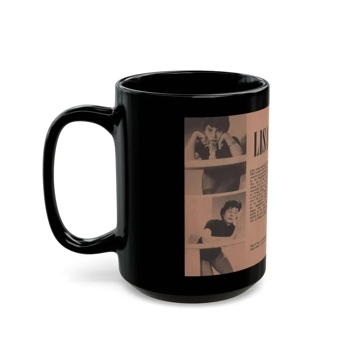 Lisa Montell #26 - 4 B&W Photos, Small Article & Captions from Pocket Pin-Ups Mag. '56 (Vintage Female Icon) Black Coffee Mug - Go Mug Yourself
