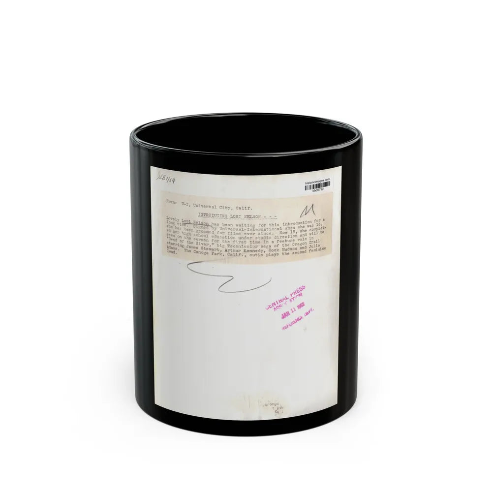 Lori Nelson #02 - 8.25x10 Head & Shoulder B&W Glamour Portrait Vintage Photo from 1-11-1952 2 (Vintage Female Icon) Black Coffee Mug-11oz-Go Mug Yourself