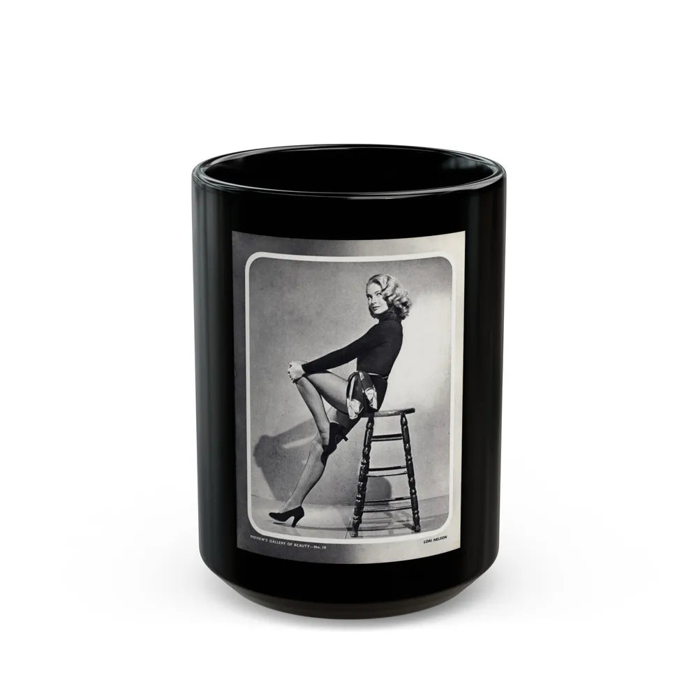 Lori Nelson #04 - Vintage B&W Full Body Leggy Cheesecake Pin-Up Photo (Vintage Female Icon) Black Coffee Mug-15oz-Go Mug Yourself