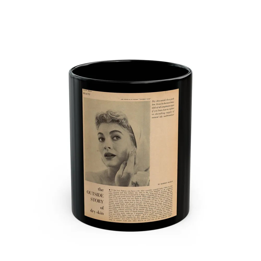 Lori Nelson #219 - Vintage B&W 8x10.5 Photo Glamour Head & Shoulder Shot putting on skin cream an add (Vintage Female Icon) Black Coffee Mug-11oz-Go Mug Yourself