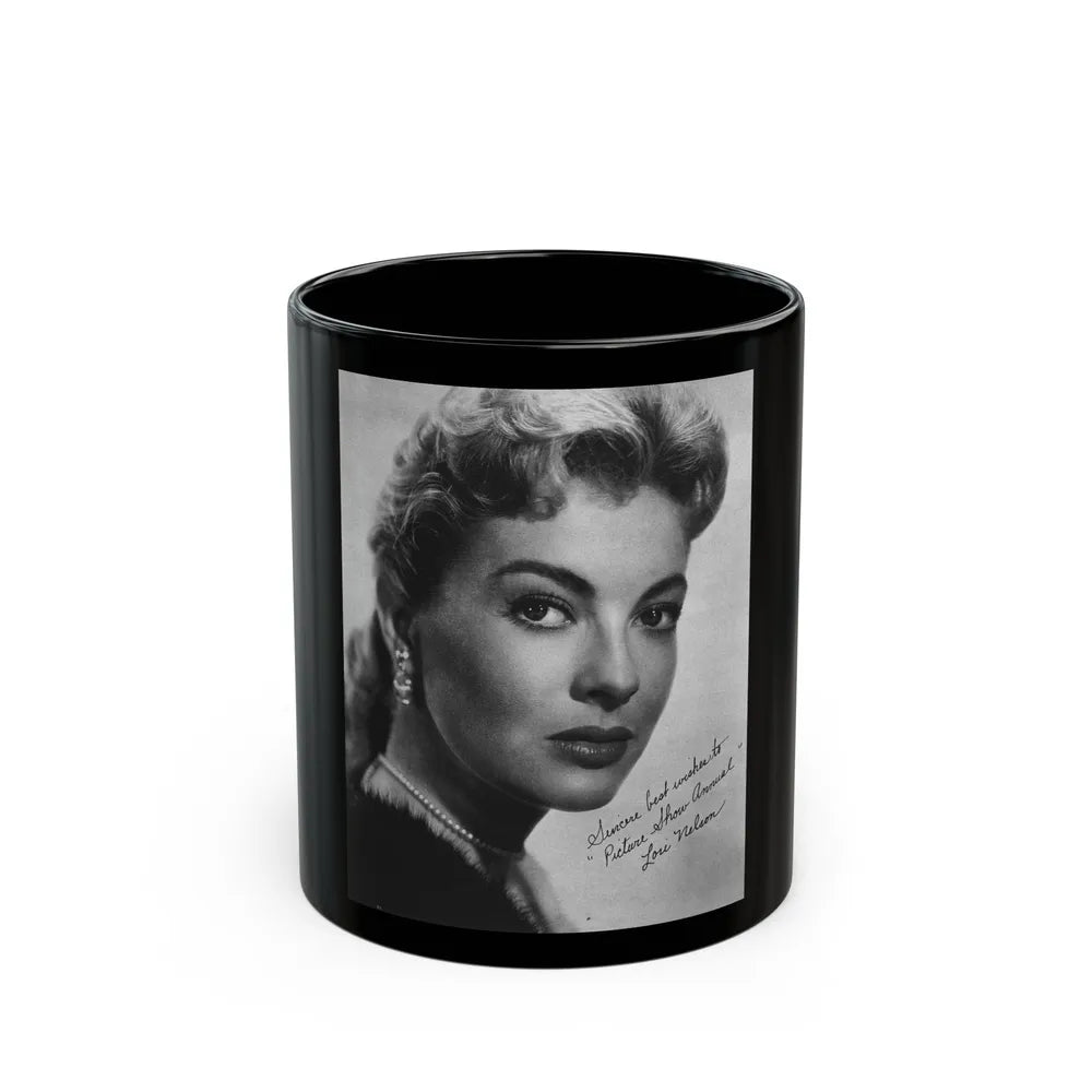 Lori Nelson #221 - Vintage B&W 8x10 Photo Glamour Head & Shoulder Shot in fur Circa 1950's from Picture Show Annual Mag. 1 (Vintage Female Icon) Black Coffee Mug-11oz-Go Mug Yourself
