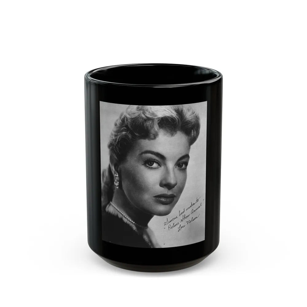 Lori Nelson #221 - Vintage B&W 8x10 Photo Glamour Head & Shoulder Shot in fur Circa 1950's from Picture Show Annual Mag. 1 (Vintage Female Icon) Black Coffee Mug-15oz-Go Mug Yourself