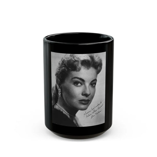 Lori Nelson #221 - Vintage B&W 8x10 Photo Glamour Head & Shoulder Shot in fur Circa 1950's from Picture Show Annual Mag. 1 (Vintage Female Icon) Black Coffee Mug-15oz-Go Mug Yourself