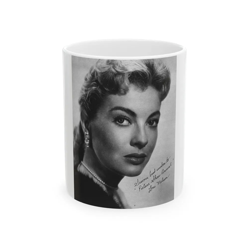 Lori Nelson #221 - Vintage B&W 8x10 Photo Glamour Head & Shoulder Shot in fur Circa 1950's from Picture Show Annual Mag. 1 (Vintage Female Icon) White Coffee Mug-11oz-Go Mug Yourself