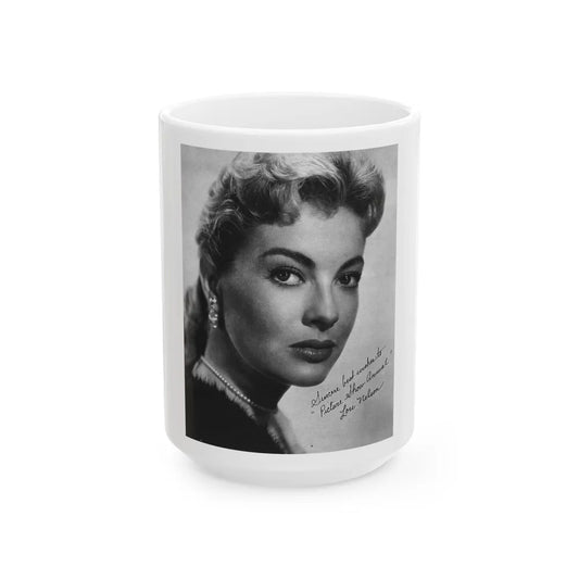 Lori Nelson #221 - Vintage B&W 8x10 Photo Glamour Head & Shoulder Shot in fur Circa 1950's from Picture Show Annual Mag. 1 (Vintage Female Icon) White Coffee Mug-15oz-Go Mug Yourself