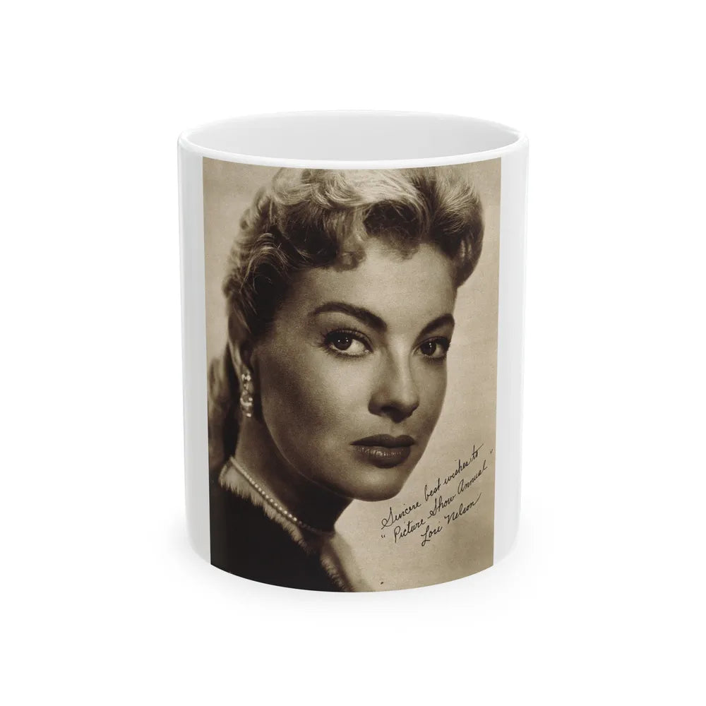Lori Nelson #221 - Vintage B&W 8x10 Photo Glamour Head & Shoulder Shot in fur Circa 1950's from Picture Show Annual Mag. (Vintage Female Icon) White Coffee Mug-11oz-Go Mug Yourself
