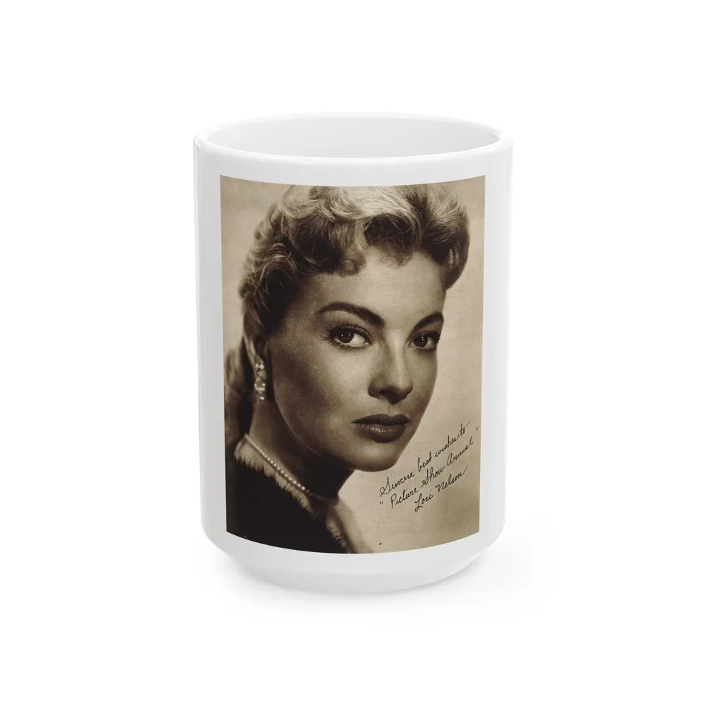 Lori Nelson #221 - Vintage B&W 8x10 Photo Glamour Head & Shoulder Shot in fur Circa 1950's from Picture Show Annual Mag. (Vintage Female Icon) White Coffee Mug-15oz-Go Mug Yourself