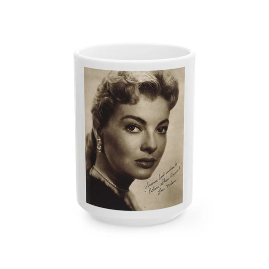 Lori Nelson #221 - Vintage B&W 8x10 Photo Glamour Head & Shoulder Shot in fur Circa 1950's from Picture Show Annual Mag. (Vintage Female Icon) White Coffee Mug-15oz-Go Mug Yourself