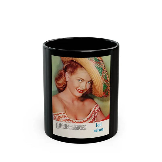 Lori Nelson #224 - Vintage Color 8x10.5 Photo Glamour Head & Shoulder Shot in Mexican Hat Circa 1950's Mag. Page (Vintage Female Icon) Black Coffee Mug 11oz - Go Mug Yourself