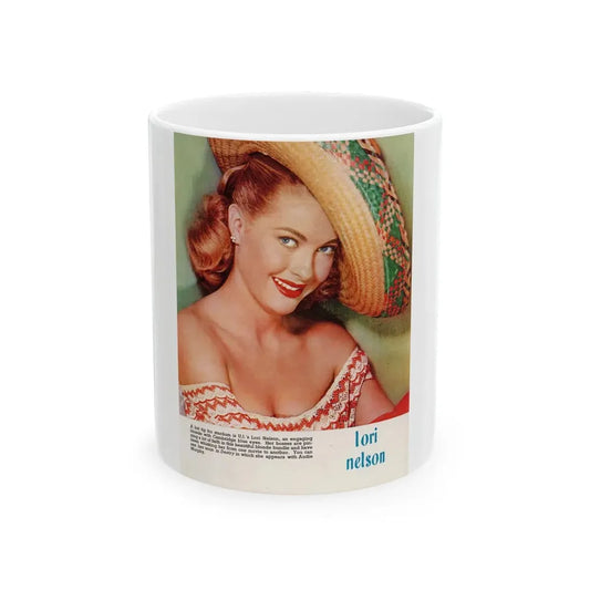 Lori Nelson #224 - Vintage Color 8x10.5 Photo Glamour Head & Shoulder Shot in Mexican Hat Circa 1950's Mag. Page (Vintage Female Icon) White Coffee Mug 11oz - Go Mug Yourself
