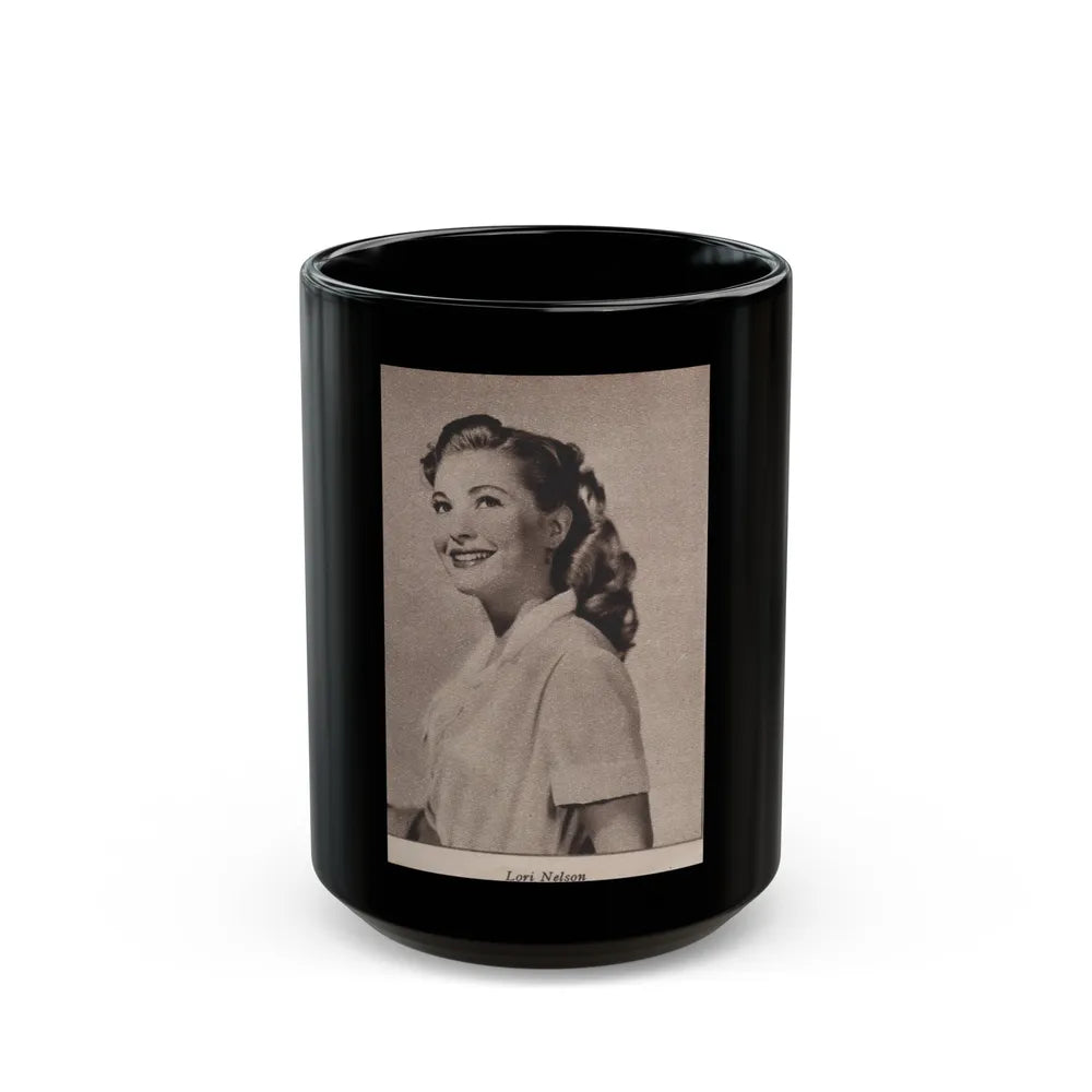 Lori Nelson #225 - Vintage B&W 3x4 Glamour Head & Shoulder Shot Circa 1950's Clipping (Vintage Female Icon) Black Coffee Mug-15oz-Go Mug Yourself