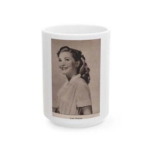 Lori Nelson #225 - Vintage B&W 3x4 Glamour Head & Shoulder Shot Circa 1950's Clipping (Vintage Female Icon) White Coffee Mug-15oz-Go Mug Yourself