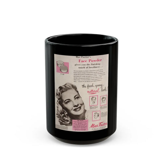 Lori Nelson #227 - Vintage B&W 8x10 Glamour Photo of Lori Advertising with, Color Lettering+Boxes for Max Factor Hollywood Make-Up circa 50's (Vintage Female Icon) Black Coffee Mug-15oz-Go Mug Yourself
