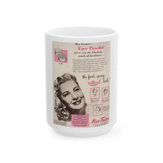 Lori Nelson #227 - Vintage B&W 8x10 Glamour Photo of Lori Advertising with, Color Lettering+Boxes for Max Factor Hollywood Make-Up circa 50's (Vintage Female Icon) White Coffee Mug-15oz-Go Mug Yourself