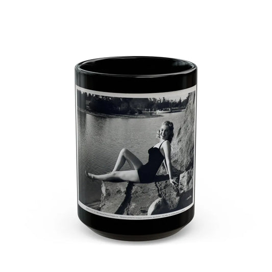 Lori Nelson #236 - 8x10 1-Piece Swimsuit B&W Cheesecake Vintage Pin-Up Photo from 7-11-1952 1 (Vintage Female Icon) Black Coffee Mug-15oz-Go Mug Yourself