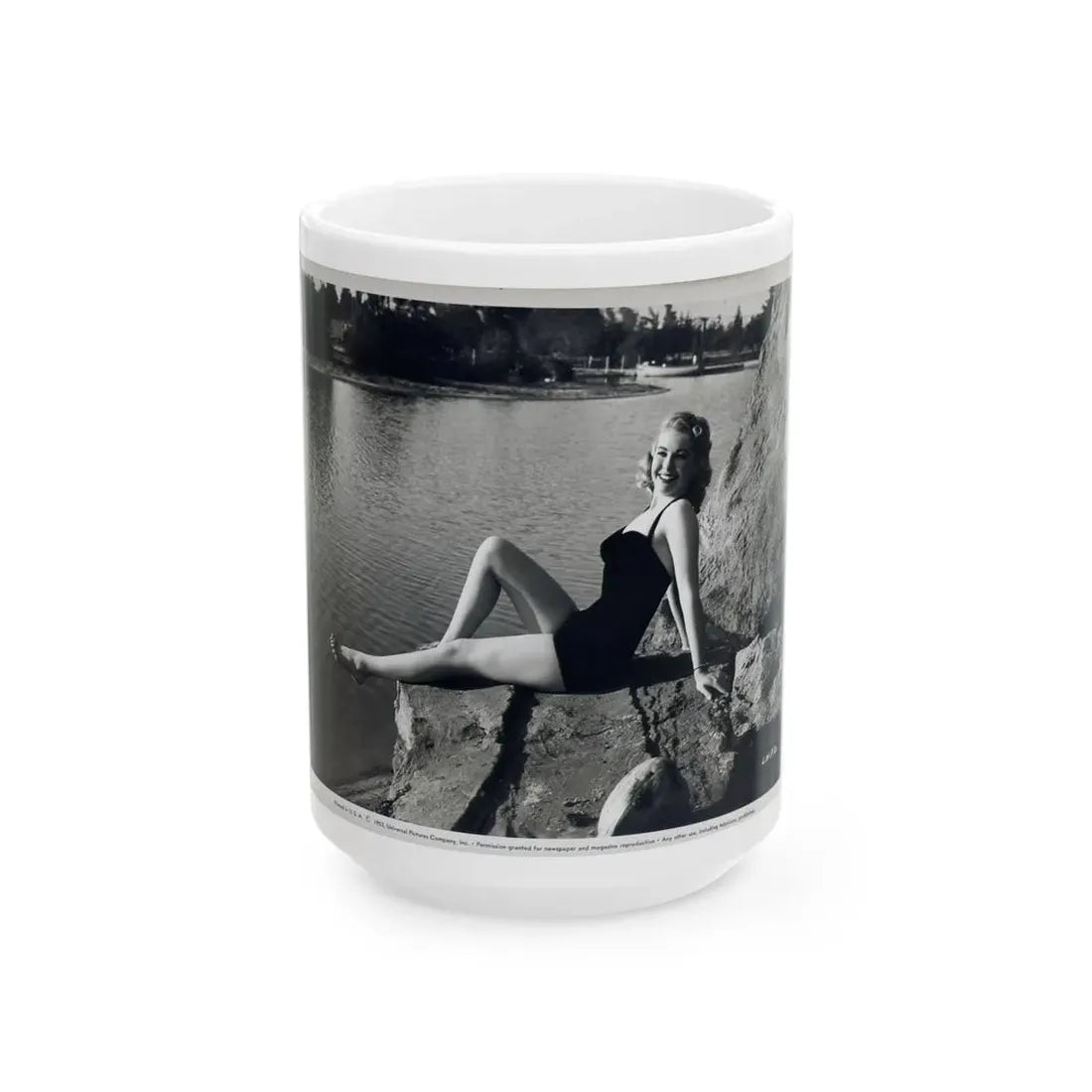 Lori Nelson #236 - 8x10 1-Piece Swimsuit B&W Cheesecake Vintage Pin-Up Photo from 7-11-1952 1 (Vintage Female Icon) White Coffee Mug 15oz - Go Mug Yourself