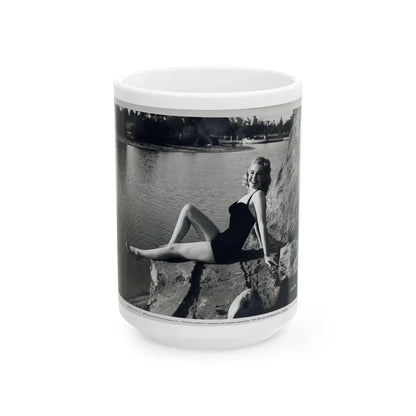 Lori Nelson #236 - 8x10 1-Piece Swimsuit B&W Cheesecake Vintage Pin-Up Photo from 7-11-1952 1 (Vintage Female Icon) White Coffee Mug 15oz - Go Mug Yourself