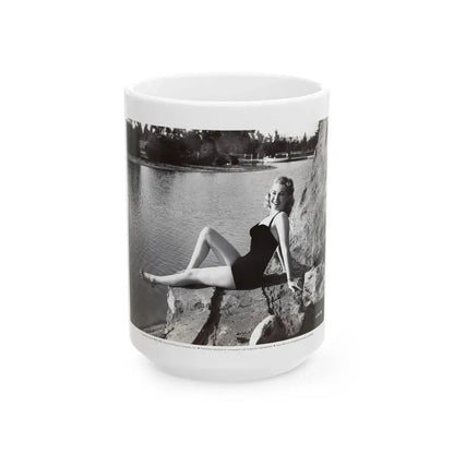 Lori Nelson #236 - 8x10 1-Piece Swimsuit B&W Cheesecake Vintage Pin-Up Photo from 7-11-1952 3 (Vintage Female Icon) White Coffee Mug 15oz - Go Mug Yourself