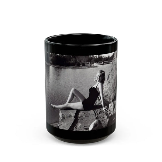 Lori Nelson #236 - 8x10 1-Piece Swimsuit B&W Cheesecake Vintage Pin-Up Photo from 7-11-1952 (Vintage Female Icon) Black Coffee Mug-15oz-Go Mug Yourself