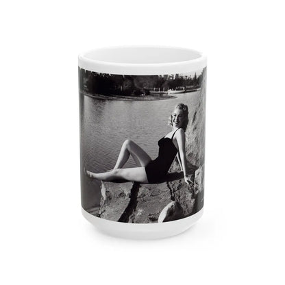 Lori Nelson #236 - 8x10 1-Piece Swimsuit B&W Cheesecake Vintage Pin-Up Photo from 7-11-1952 (Vintage Female Icon) White Coffee Mug-15oz-Go Mug Yourself