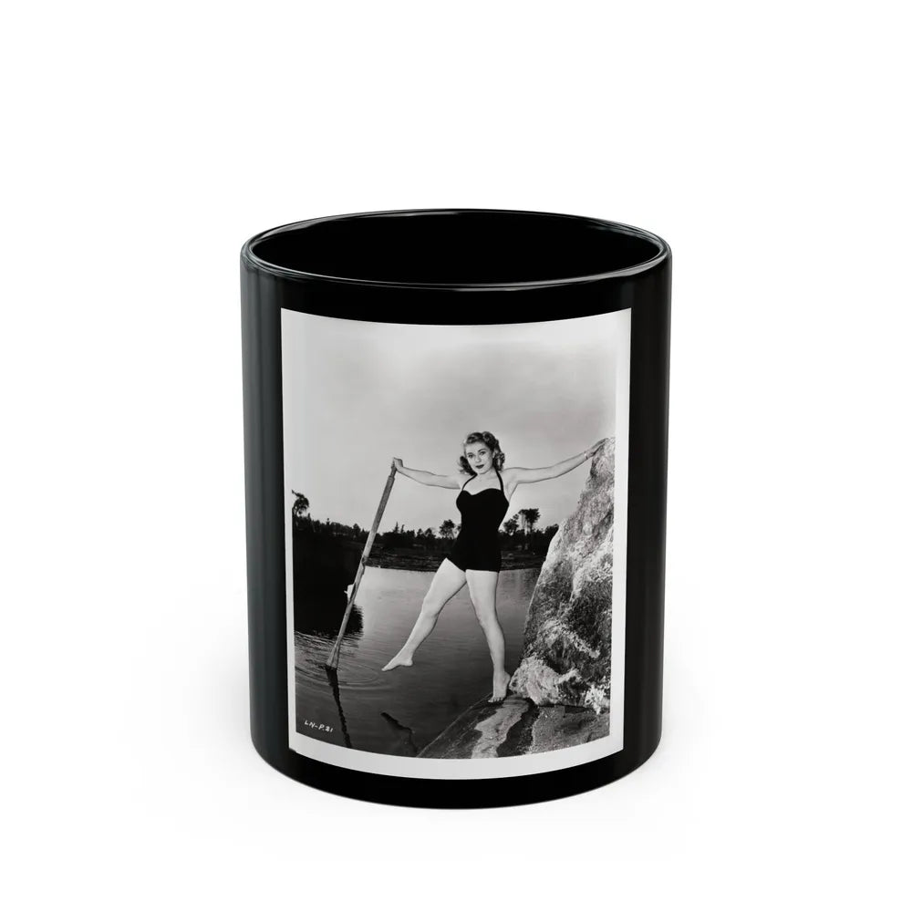 Lori Nelson #237 - 8x10 1-Piece Swimsuit B&W Cheesecake Vintage Pin-Up Photo with Paddle from 1952 (Vintage Female Icon) Black Coffee Mug-11oz-Go Mug Yourself