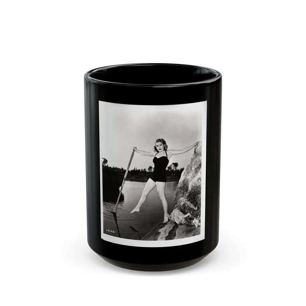 Lori Nelson #237 - 8x10 1-Piece Swimsuit B&W Cheesecake Vintage Pin-Up Photo with Paddle from 1952 (Vintage Female Icon) Black Coffee Mug-15oz-Go Mug Yourself