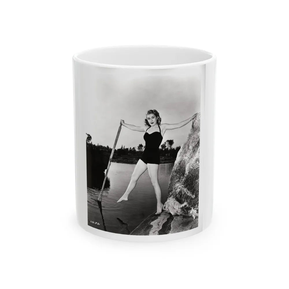 Lori Nelson #237 - 8x10 1-Piece Swimsuit B&W Cheesecake Vintage Pin-Up Photo with Paddle from 1952 (Vintage Female Icon) White Coffee Mug-11oz-Go Mug Yourself