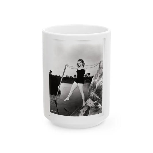 Lori Nelson #237 - 8x10 1-Piece Swimsuit B&W Cheesecake Vintage Pin-Up Photo with Paddle from 1952 (Vintage Female Icon) White Coffee Mug-15oz-Go Mug Yourself