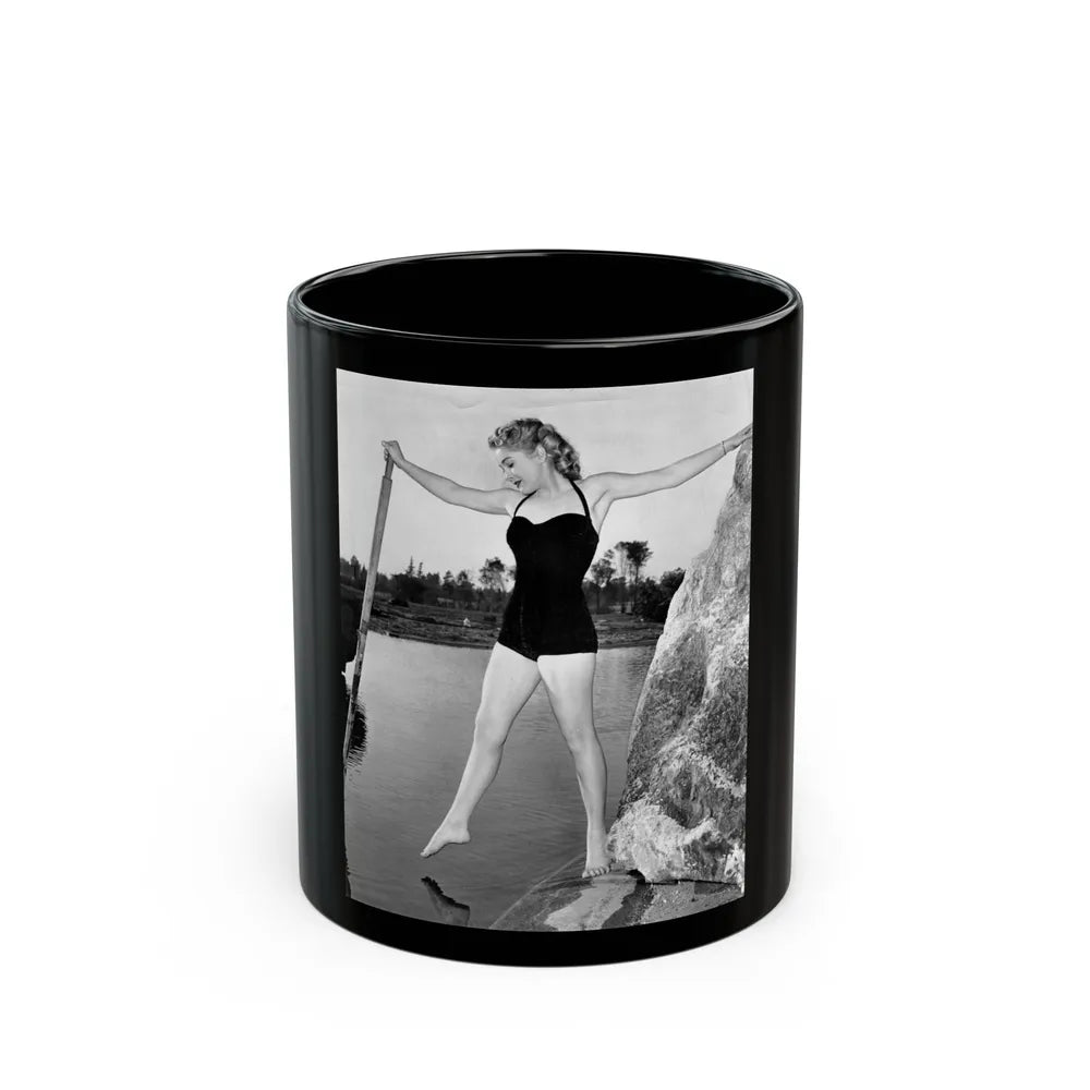 Lori Nelson #238 - 8x10 1-Piece Swimsuit B&W Cheesecake Vintage Pin-Up Photo with Paddle from 1952 (Vintage Female Icon) Black Coffee Mug-11oz-Go Mug Yourself