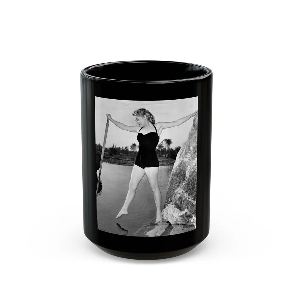 Lori Nelson #238 - 8x10 1-Piece Swimsuit B&W Cheesecake Vintage Pin-Up Photo with Paddle from 1952 (Vintage Female Icon) Black Coffee Mug-15oz-Go Mug Yourself