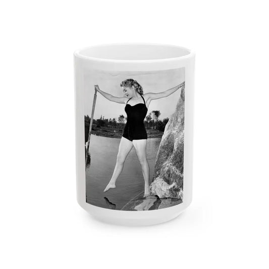 Lori Nelson #238 - 8x10 1-Piece Swimsuit B&W Cheesecake Vintage Pin-Up Photo with Paddle from 1952 (Vintage Female Icon) White Coffee Mug-15oz-Go Mug Yourself