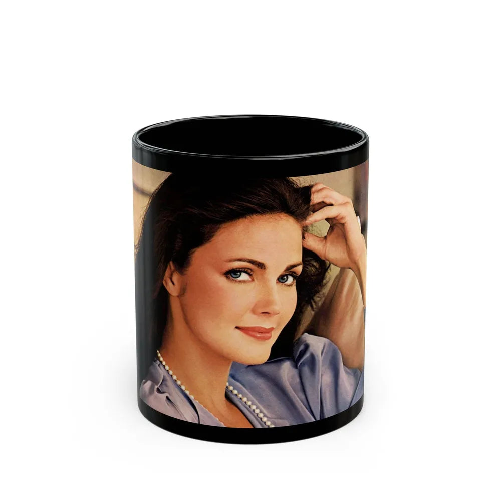 Lynda Carter #147 (Vintage Female Icon) Black Coffee Mug-11oz-Go Mug Yourself