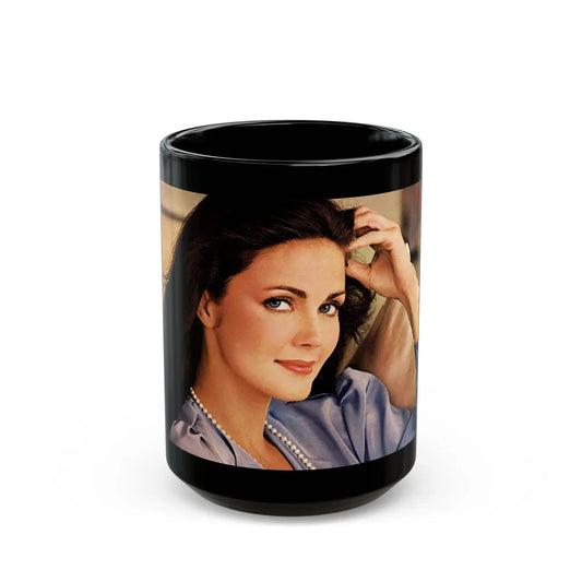 Lynda Carter #147 (Vintage Female Icon) Black Coffee Mug-15oz-Go Mug Yourself