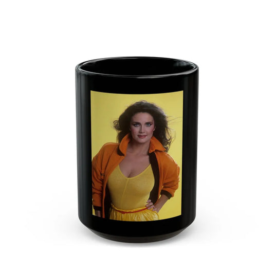 Lynda Carter #180 (Vintage Female Icon) Black Coffee Mug-15oz-Go Mug Yourself