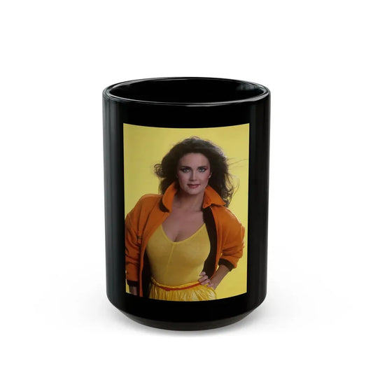 Lynda Carter #180 (Vintage Female Icon) Black Coffee Mug 15oz - Go Mug Yourself