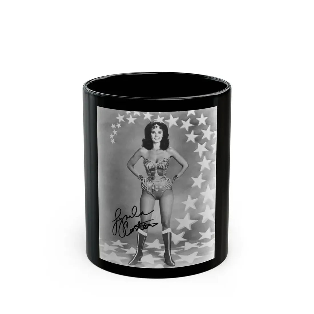 Lynda Carter #221 - Wonder Woman Photo (Vintage Female Icon) Black Coffee Mug 11oz - Go Mug Yourself