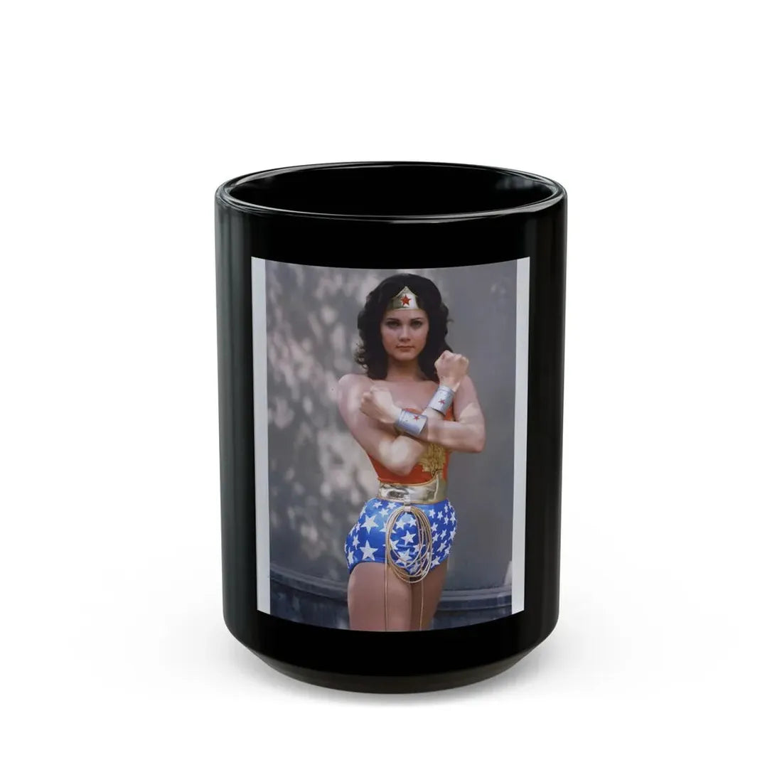 Lynda Carter #229 - Wonder Woman Photo (Vintage Female Icon) Black Coffee Mug 15oz - Go Mug Yourself