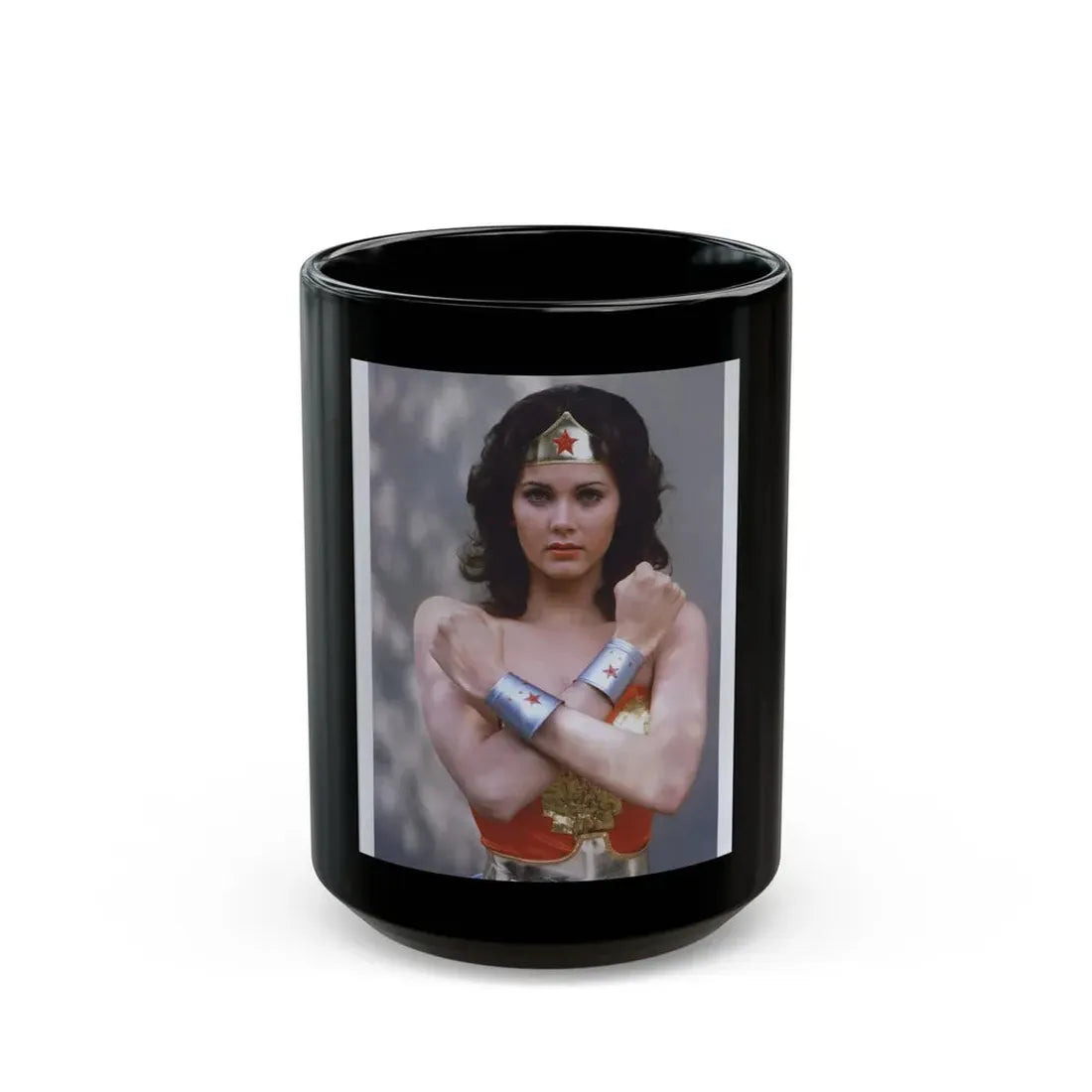 Lynda Carter #230 - Wonder Woman Photo (Vintage Female Icon) Black Coffee Mug 15oz - Go Mug Yourself