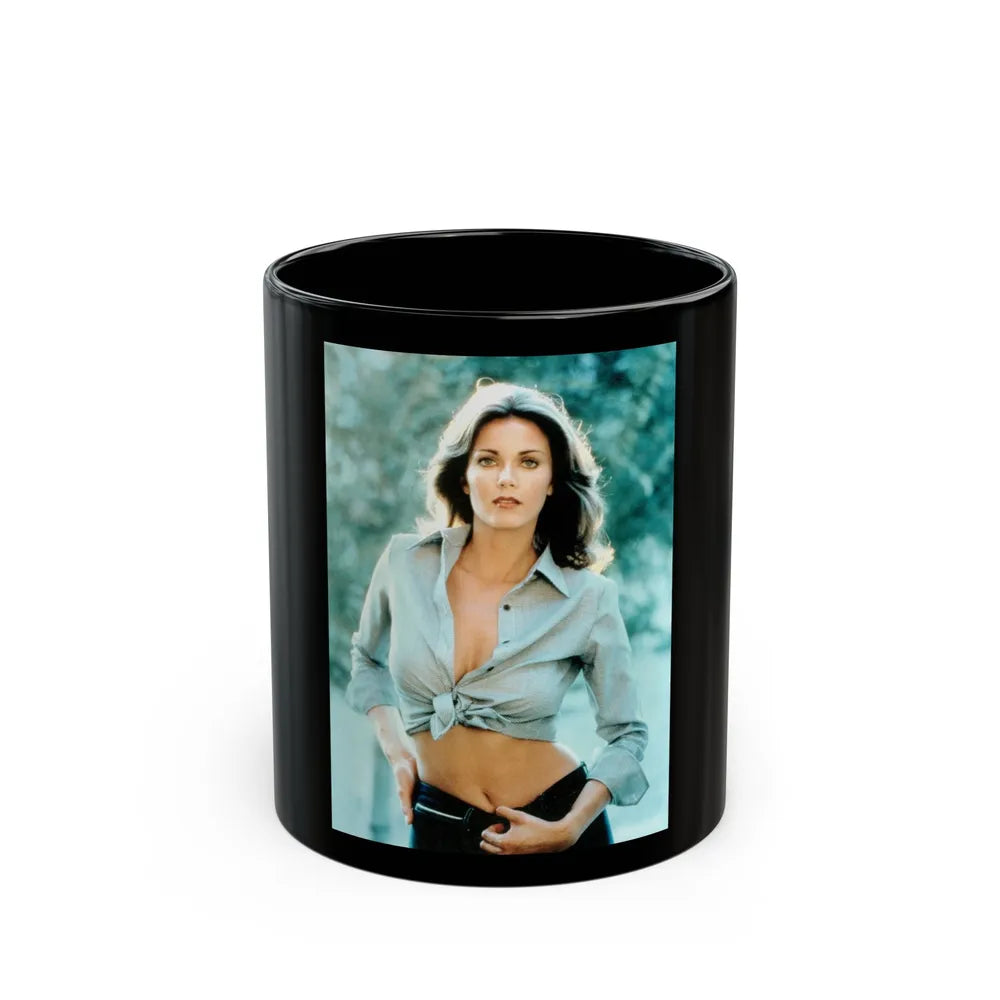 Lynda Carter #68 (Vintage Female Icon) Black Coffee Mug-11oz-Go Mug Yourself