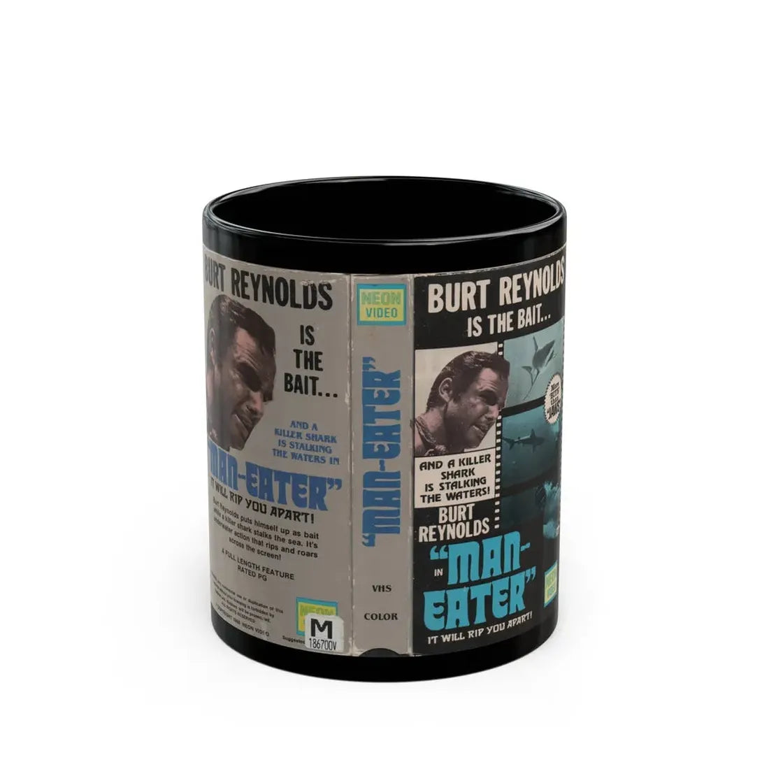 MAN EATER BURT REYNOLDS (VHS COVER) - Black Coffee Mug 11oz - Go Mug Yourself