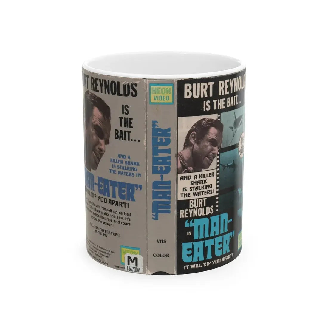 MAN EATER BURT REYNOLDS (VHS COVER) - White Coffee Mug 11oz - Go Mug Yourself